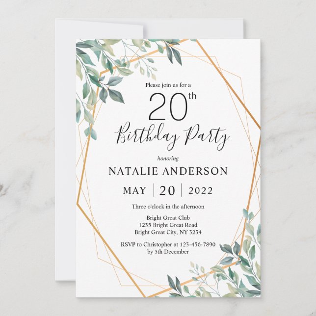 20th Birthday Elegant Eucalyptus Greenery and Gold Invitation (Front)