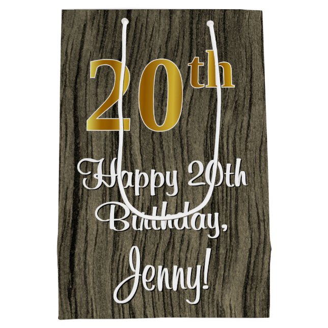 20th Birthday: Elegant Faux Gold Look #, Faux Wood Medium Gift Bag (Back)