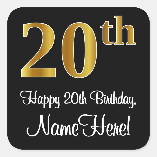 20th Birthday – Elegant Luxurious Faux Gold Look # Square Sticker (Front)