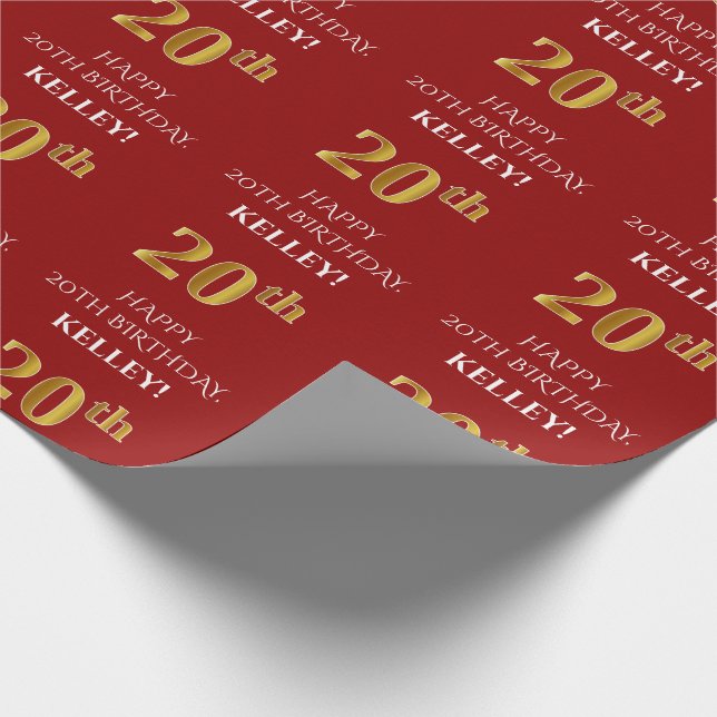 20th Birthday: Elegant, Red, Faux Gold Look Wrapping Paper (Corner)