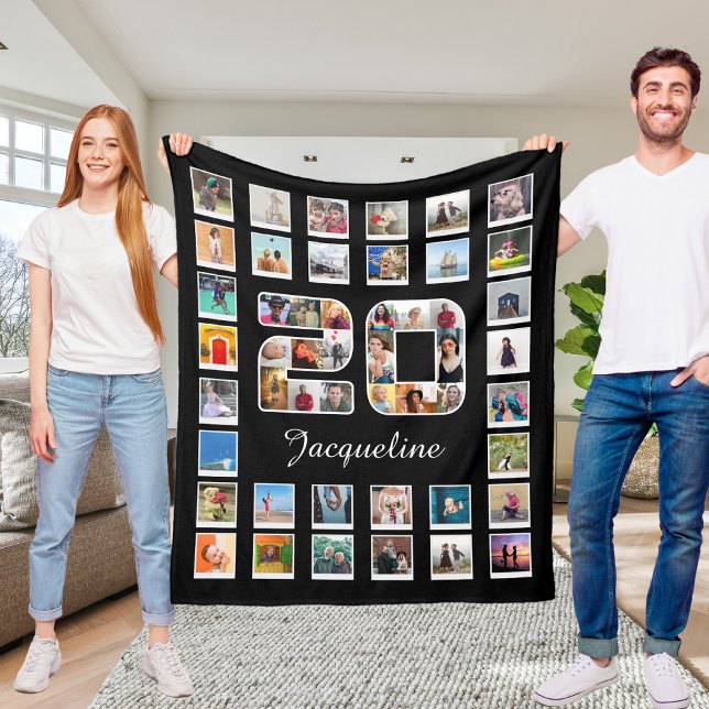20th Birthday Family Photo Collage 49 Photographs Fleece Blanket (Personalized 20th birthday fleece photo blanket collage held up by 2 people)
