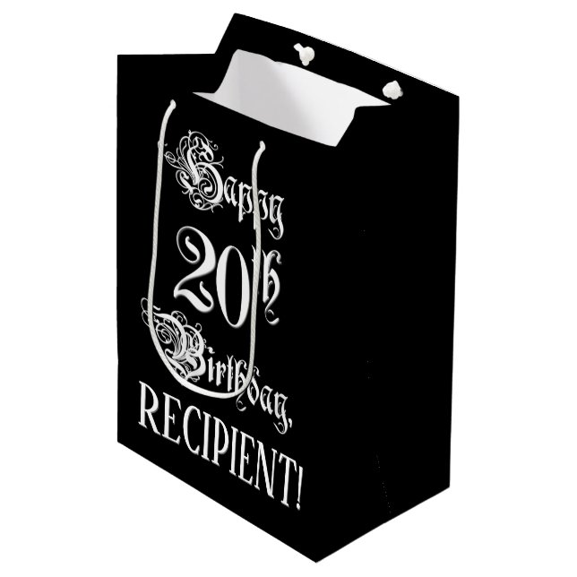 20th Birthday: Fancy, Elegant Script + Custom Name Medium Gift Bag (Front Angled)
