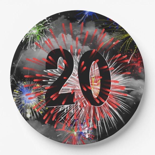 20th Birthday Fireworks In Clouds Paper Plate (Front)
