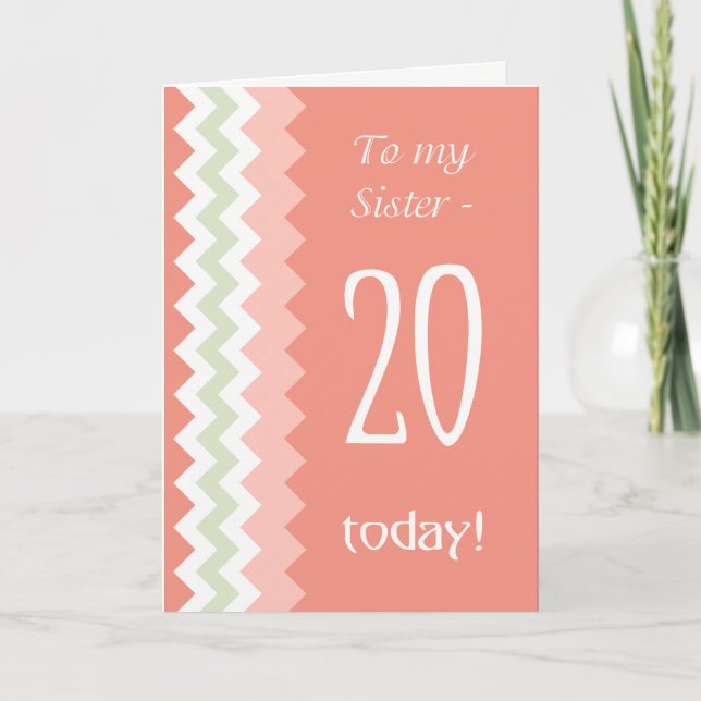 20th Birthday for Sister, Coral, Mint Chevrons Card (Front)