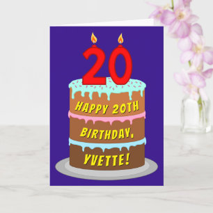 20th Birthday: Fun Cake and Candles + Custom Name Card