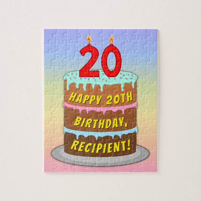 20th Birthday: Fun Cake and Candles + Custom Name Jigsaw Puzzle (Vertical)