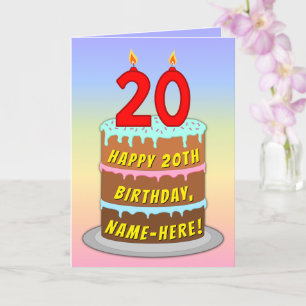 20th Birthday — Fun Cake & Candles, w/ Custom Name Card