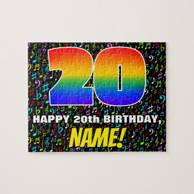 20th Birthday — Fun, Colourful Music Symbols & “20 Jigsaw Puzzle (Horizontal)