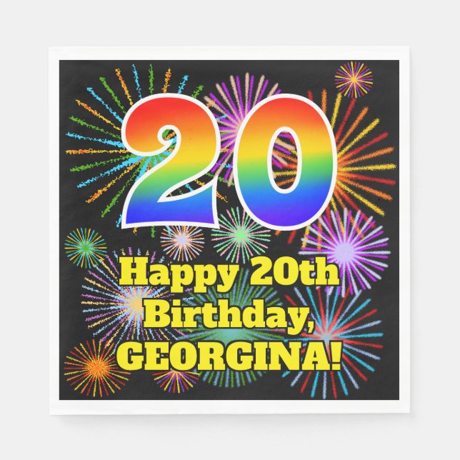 20th Birthday: Fun Fireworks Pattern + Rainbow 20 Napkin (Front)