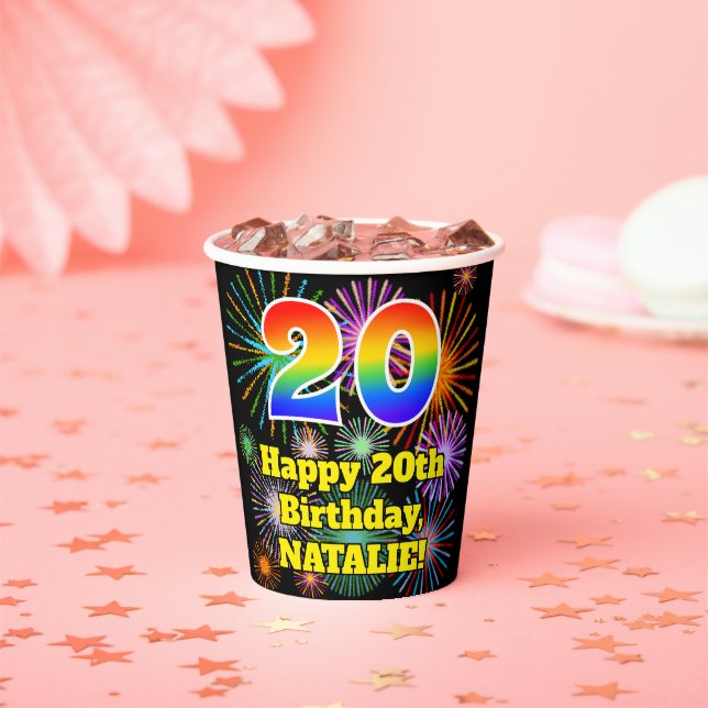 20th Birthday: Fun Fireworks Pattern + Rainbow 20 Paper Cups (Insitu)