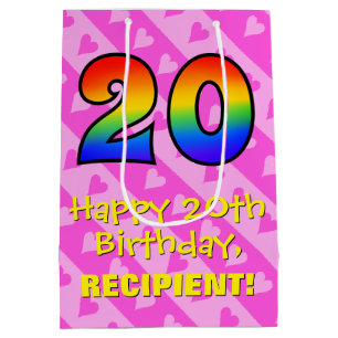 20th Birthday: Fun Pink Hearts Stripes; Rainbow 20 Medium Gift Bag