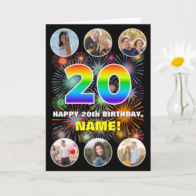 20th Birthday: Fun Rainbow #, Custom Name & Photos Card (Small Plant)