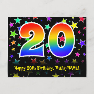 20th Birthday: Fun Stars Pattern, Rainbow 20, Name Postcard