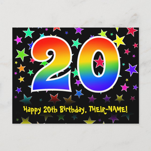 20th Birthday: Fun Stars Pattern, Rainbow 20, Name Postcard (Front)