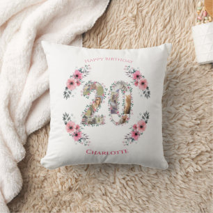 20th Birthday Girl Photo Collage Pink Flower White Cushion