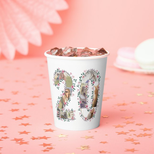 20th Birthday Girl Pink Flower Photo Collage White Paper Cups (Insitu)
