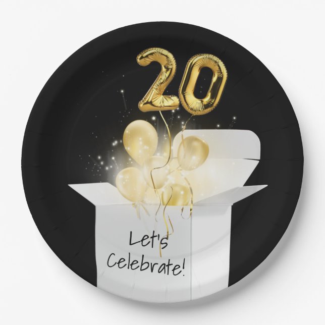 20th Birthday Gold Balloons In White Box  Paper Plate (Front)