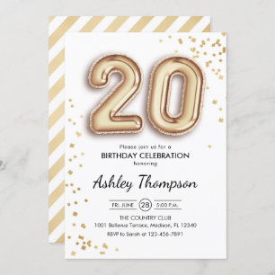 20th Birthday - Gold Balloons Invitation
