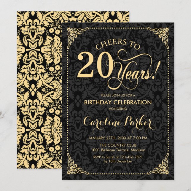 20th Birthday - Gold Black Damask Invitation (Front/Back)