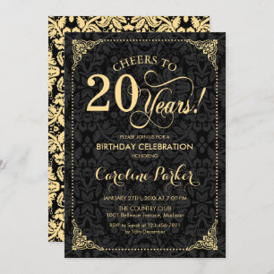 20th Birthday - Gold Black Damask Invitation