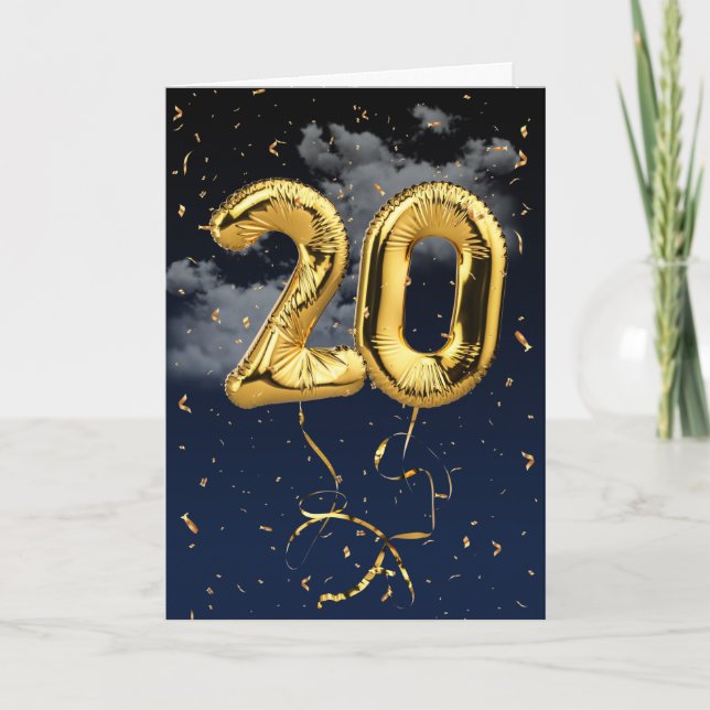 20th Birthday Gold Mylar Balloon and Confetti Card (Front)