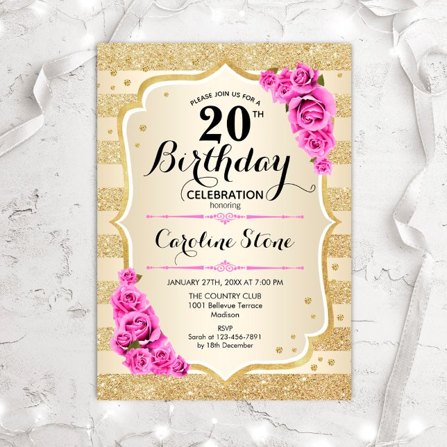 20th Birthday - Gold Stripes Pink Roses Invitation (Creator Uploaded)