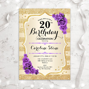 20th Birthday - Gold Stripes Purple Roses Invitation