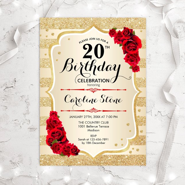 20th Birthday - Gold Stripes Roses Invitation (Creator Uploaded)
