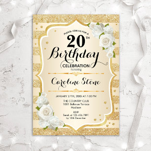 20th Birthday - Gold Stripes White Roses Invitation