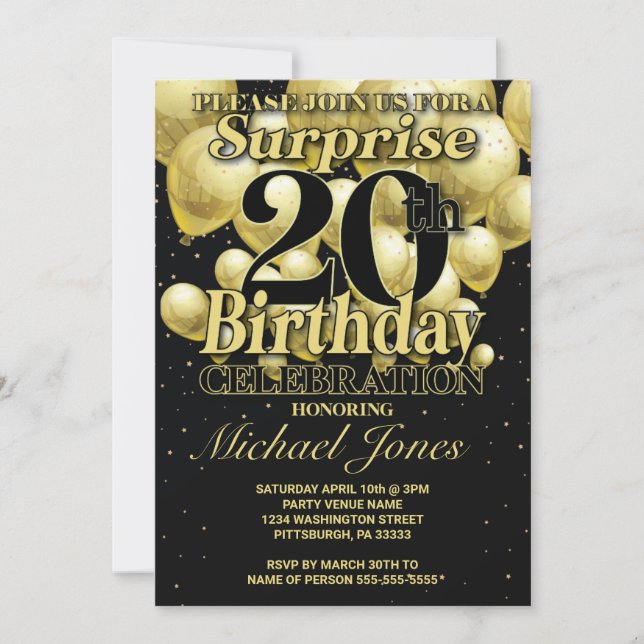 20th Birthday Golden Balloons Invitation (Front)