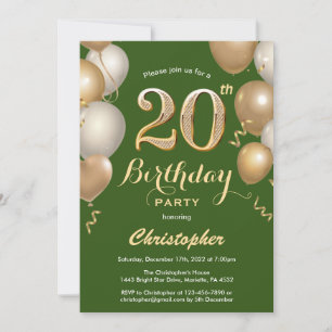 20th Birthday Green and Gold Balloons Confetti Invitation