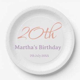 20th birthday green purple name simple trendy mode paper plate