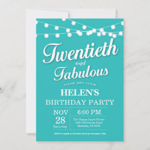 20th Birthday Invitation Aqua Turquoise Fabulous