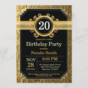 20th Birthday Invitation Black and Gold Glitter