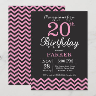 20th Birthday Invitation Black and Pink Chevron