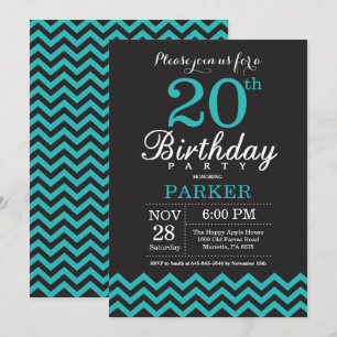 20th Birthday Invitation Black and Teal