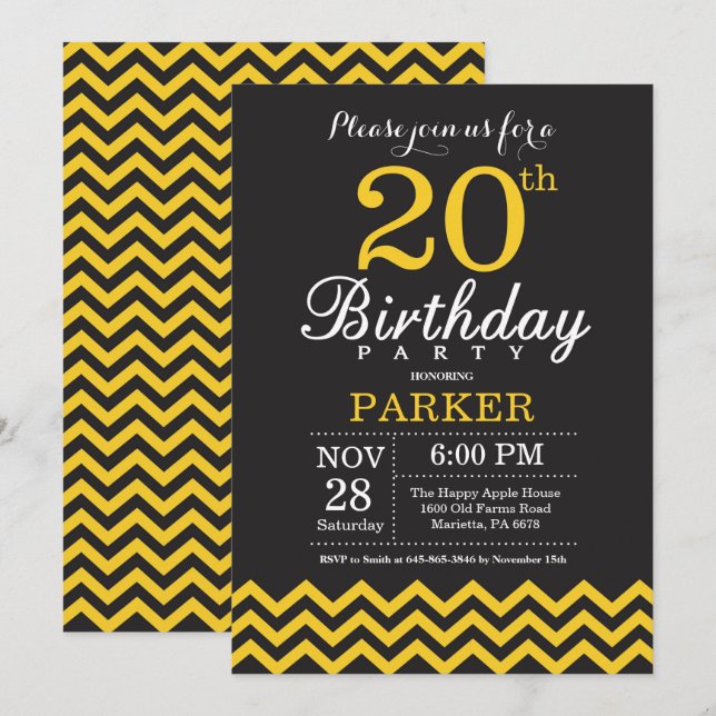 20th Birthday Invitation Black and Yellow Chevron (Front/Back)