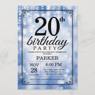 20th Birthday Invitation Blue Glitter