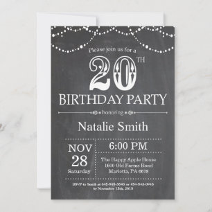 20th Birthday Invitation Chalkboard String Lights