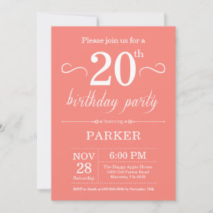 20th Birthday Invitation Coral