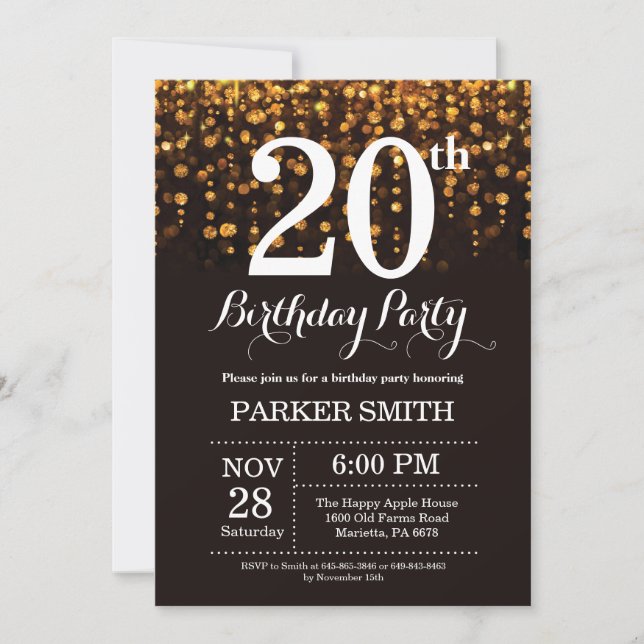 20th Birthday Invitation Gold Glitter (Front)