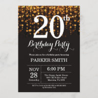 20th Birthday Invitation Gold Glitter