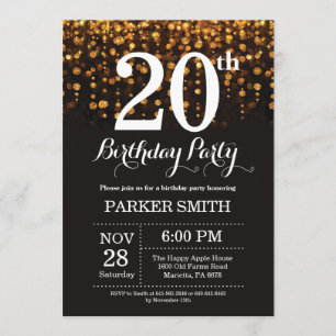 20th Birthday Invitation Gold Glitter