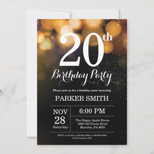 20th Birthday Invitation Gold Glitter (Front)