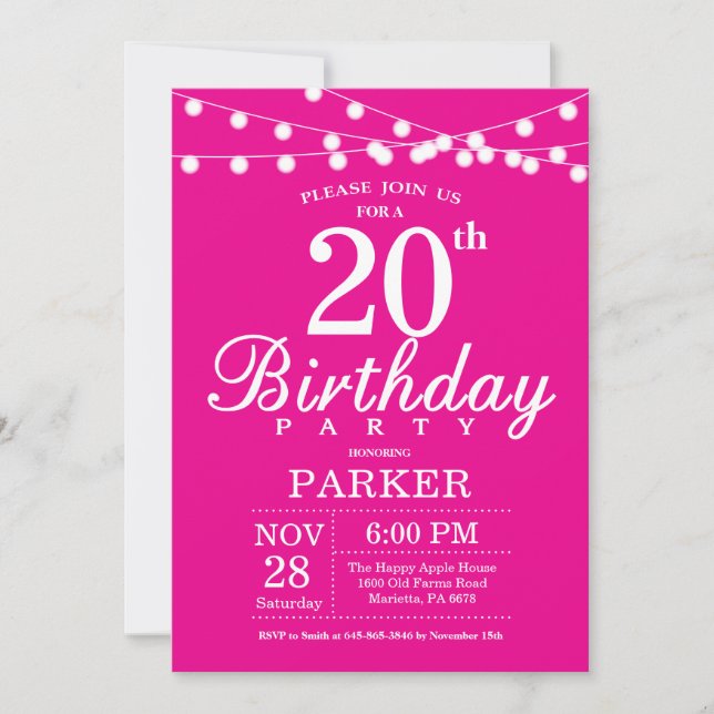 20th Birthday Invitation Hot Pink (Front)
