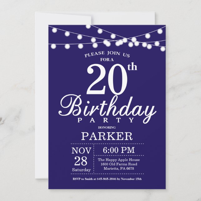 20th Birthday Invitation Navy Blue (Front)