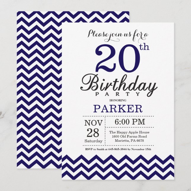 20th Birthday Invitation Navy Blue Chevron (Front/Back)