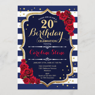 20th Birthday Invitation Navy White Stripes Roses
