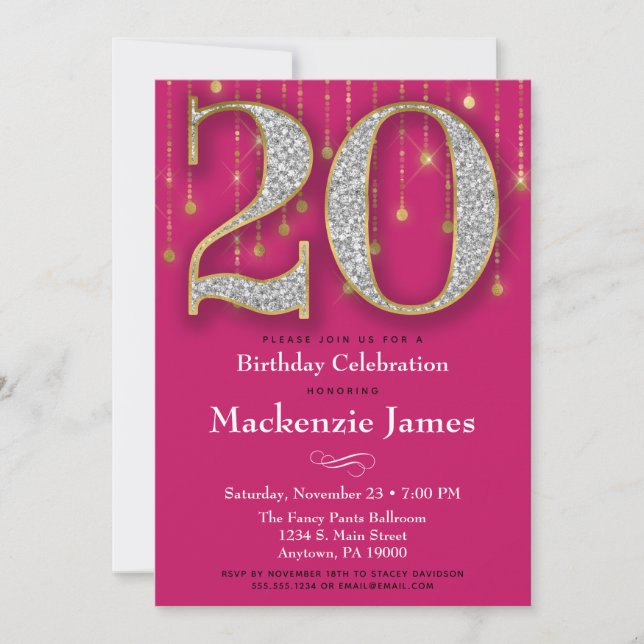20th Birthday Invitation Pink Gold Diamonds Adult (Front)