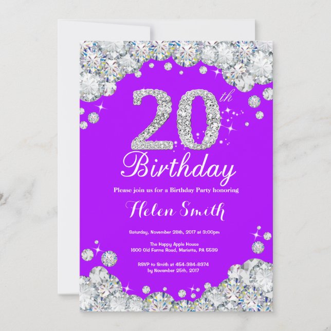 20th Birthday Invitation Purple and Silver Diamond (Front)